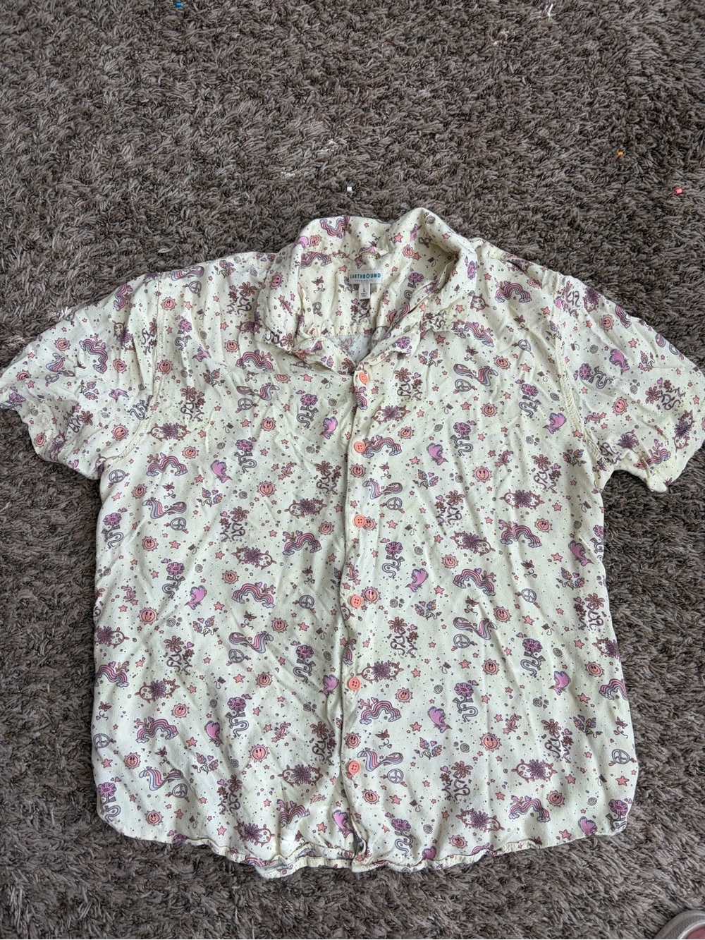 EARTHBOUND Cream Short-Sleeve Button-Up Shirt with Pink and Purple Print size LG